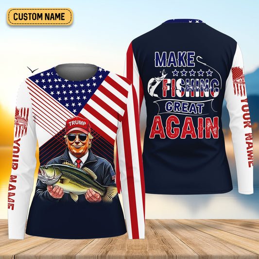 Maxcorners Make Fishing Great Again Patriotic Fishing Shirt, American Flag Fishing Shirt, SPF Long Sleeve Shirts Womens
