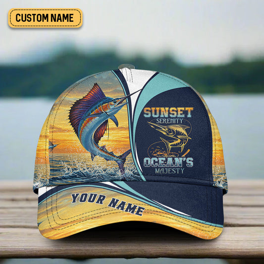 Maxcorners Sunset Serenity Ocean's Majesty, Fishing Trucker Hat, Fishing Hook Hat, Fishing Cap For Men, Fishing Gifts For Dad