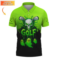 Maxcorners Halloween Golf Polos, Green Skull Golf Shirt For Men, Custom Name Golf Polo, Funny Golf Shirts For Golfers