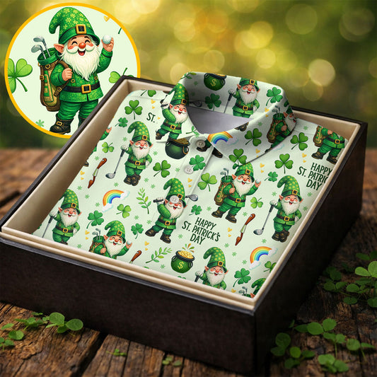 Maxcorners Happy St Patrick's Day Gnomes Shamrock Golf Shirt, Men's Funny Golf Shirts, Golf Shirts For Men
