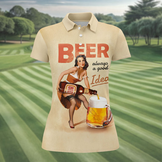 Maxcorners Vintage Beer Pin-Up Girl Design Golf Shirt, Women's Golf Shirt, Hawaiian Golf Shirt, Golf Polo For Women LM1507