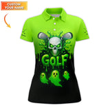 Maxcorners Halloween Golf Polos, Green Skull Golf Shirt For Men, Custom Name Golf Polo, Funny Golf Shirts For Golfers