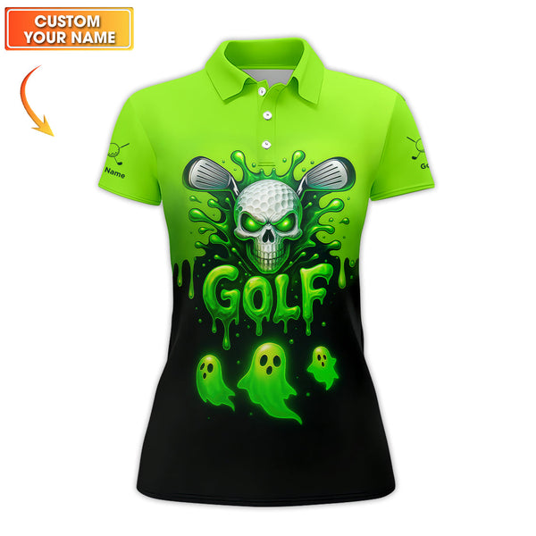 Maxcorners Halloween Golf Polos, Green Skull Golf Shirt For Men, Custom Name Golf Polo, Funny Golf Shirts For Golfers