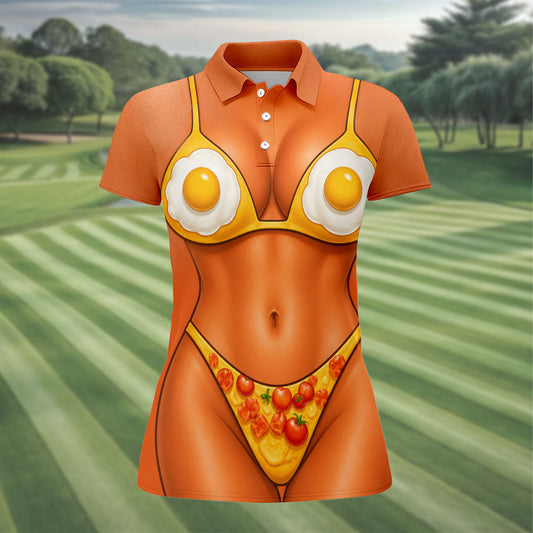 Maxcorners Funny Fried Egg Bikini Body Golf Shirt, Women’s Golf Polo, Ladies Golf Tops, Printed Golf Shirt LM1507