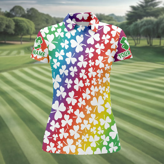 Maxcorners Rainbow Shamrock St Patrick's Day Golf Shirt, Women's Golf Tops, Ladies Golf Polos, Golf Shirt For Women