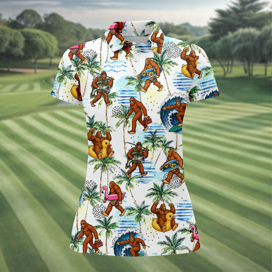 Maxcorners Tropical Bigfoot Surfing Fishing Beach Golf Shirt, Golf Tops For Women, Ladies Golf Shirts, Women’s Golf Apparel LM1507