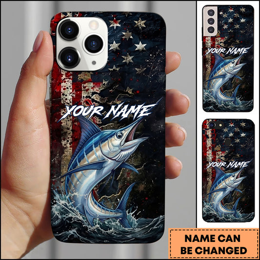 Maxcorners Marlin Fishing Phone Case  Vintage USA Flag Grunge Wave Art Personalized Name Phone Case