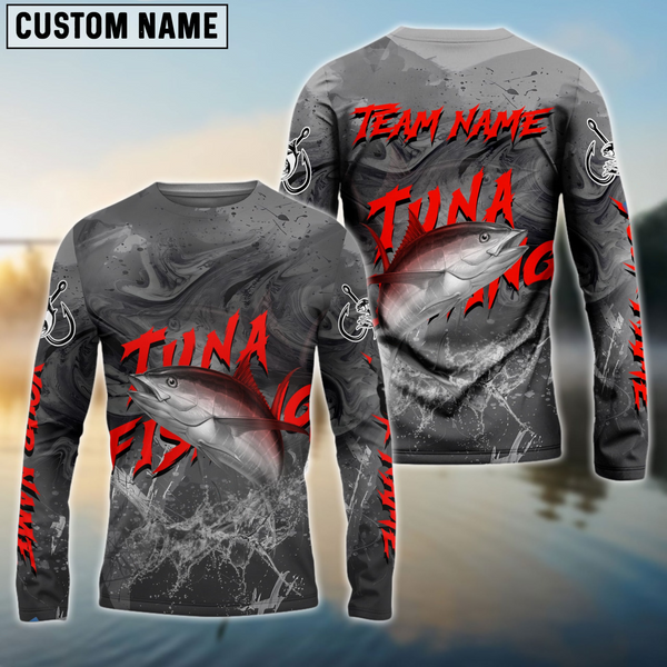 Maxcorners Tuna Fishing Gray Blur Personalized Name, Team Name 3D Shirt