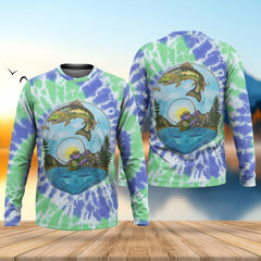Maxcorners Bear Fishing Green And Purple Cool Tie Dye Patterns Fishing UPF Shirts, Fishing Gifts For Men, Men's Fishing Shirt