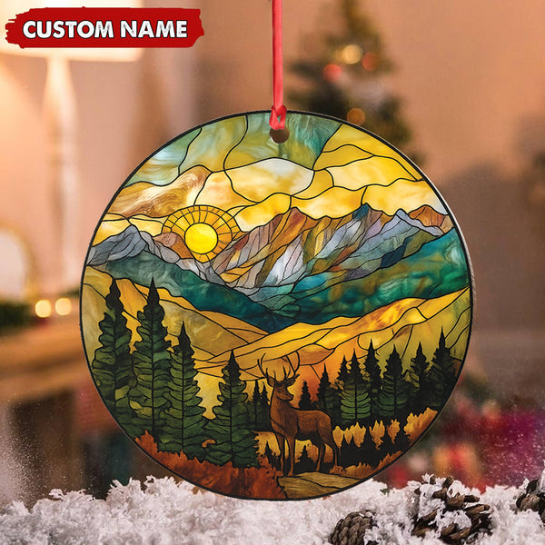 Maxcorners Personalized Deer Stained Glass Acrylic Ornament – Mountain Sunrise Christmas Tree Decoration Gift LM0411