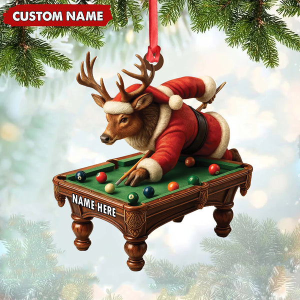 Maxcorners Personalized Acrylic Deer Christmas Ornament â€“ Funny Buck Playing Pool in Santa Outfit Holiday Decor LM0110