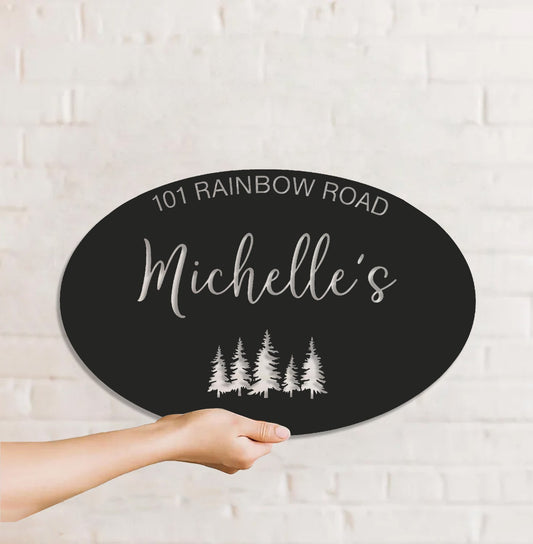 Maxcorners Personalized Address Metal Sign WITH LED/WITHOUT LED - Custom Family Name Sign with Pine Trees, Rustic Cabin or Cottage Outdoor Decor LM0110
