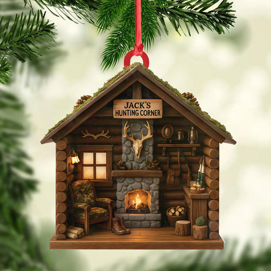 Maxcorners Personalized HunterÃ¢â‚¬â„¢s Cabin Ornament, Custom Log Cabin Christmas Decoration for Outdoor Lovers LM0411