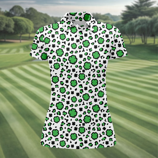 Maxcorners Lucky Four Leaf Clover Leopard Pattern St Patrick's Day Golf Shirt, Women's Golf Tops, Ladies Golf Shirts