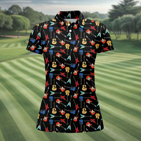Maxcorners Electric Guitar Pattern Black Golf Shirt, Women’s Golf Polo, Golf Shirts For Women, Printed Golf Shirt LM1507