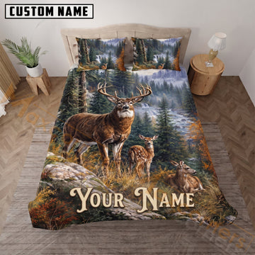 Maxcorners Deer Hunting Forest River Wildlife Custom Name 3D Bedding Set