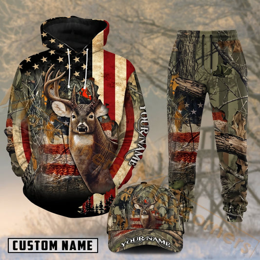 Maxcorners Hunting Whitetail Deer Vintage American Flag Personalized 3D Shirts
