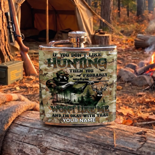 Maxcorners Hunting Funny Deer Hunting Quote Woodland Design Personalized Name 3D Hip Flask