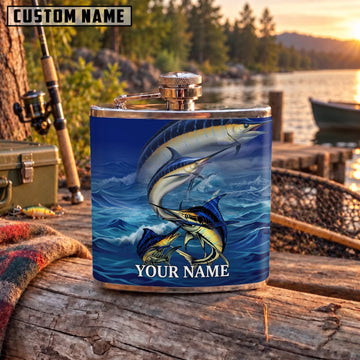Maxcorners Fishing Blue Marlin Ocean Wave Personalized Name 3D Hip Flask