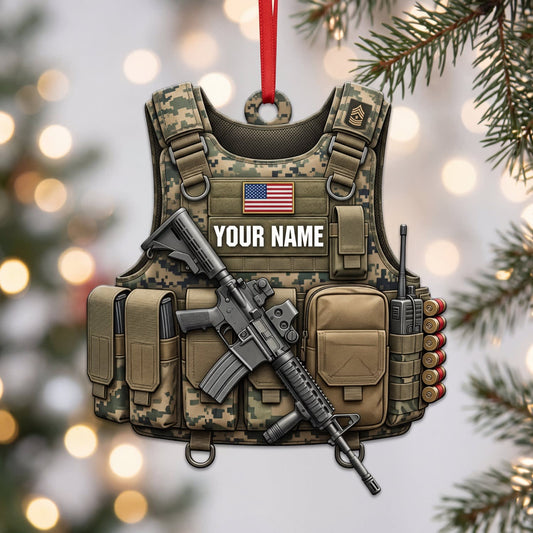 Maxcorners Military American Flag Tactical Vest And Rifle Personalized Name 3D Keychain And Ornament