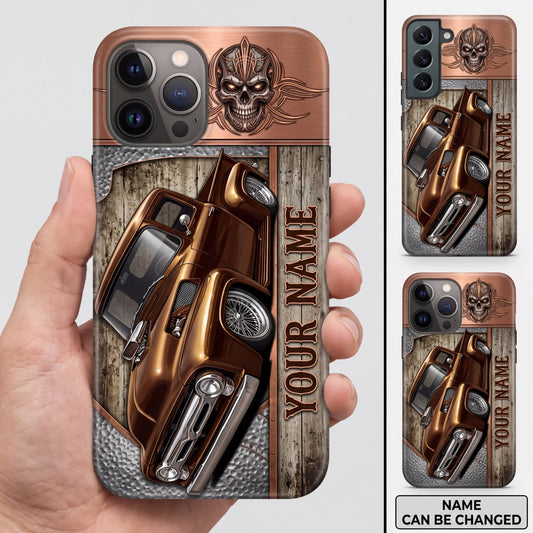 Maxcorners Vintage Hot Rod Bronze Skull and Rusty Metal Design Personalized Name 3D Phone Case