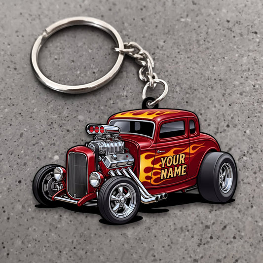 Maxcorners Hot Rod Red Classic Car with Yellow Flame Graphics Personalized Name 3D Keychain And Ornament
