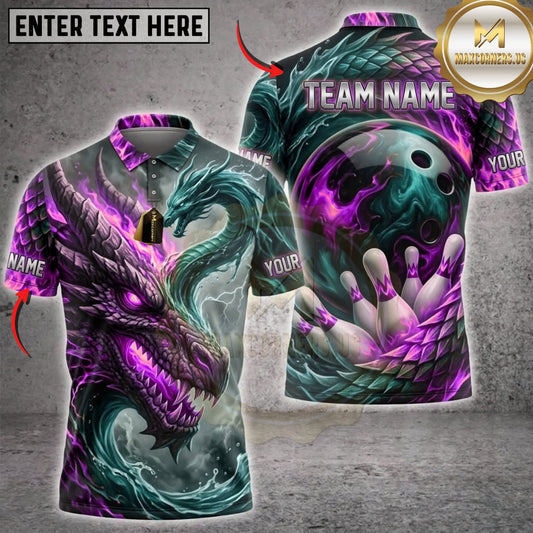 Maxcorners Bowling Fire and Water Dragon Bowling Ball Strike Multicolor Customized Name, Team Name 3D Shirts ( 4 Colors )