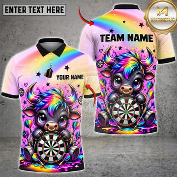Maxcorners Darts Cute Bull Mascot Rainbow Swirl Target Board Graphic Customized Name, Team Name 3D Shirts