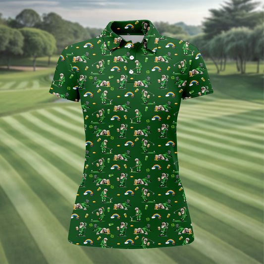 Maxcorners St Patrick's Day Leprechaun Character Golf And Beer Green Golf Shirt, Fun Women's Golf Shirts, Ladies Golf Polos