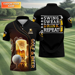 Maxcorners Swing Swear Drink Repeat Funny Golf Polo Shirt, Mens Golf Gift, Golf Lover Gift