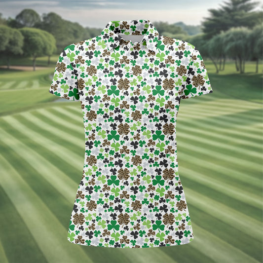 Maxcorners Leopard Pattern St Patrick's Day Shamrock Golf Shirt, Fun Women's Golf Shirts, Women's Golf Tops