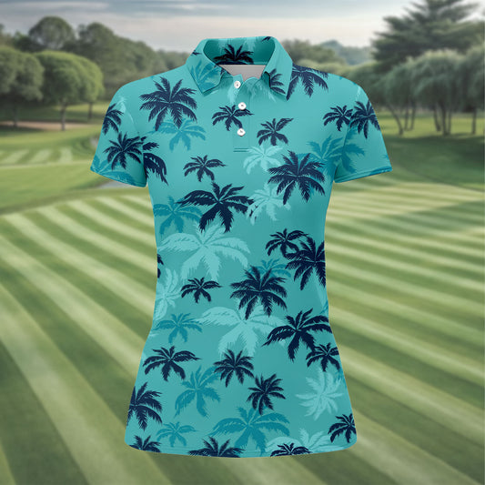 Maxcorners Turquoise Palm Tree Tropical Golf Shirt, Women's Golf Shirt, Golf Polo For Women, Golf Shirts For Women LM1507