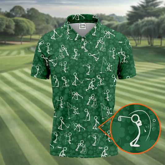Maxcorners Stick Figure Golf Pose Shamrock Golf Shirt, St Patrick's Day Golf Tops For Men, Polo Shirts For Men