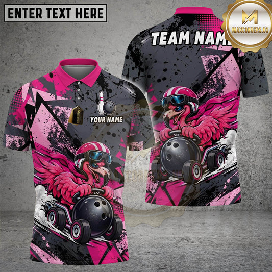 Maxcorners Bowling Funny Flamingo Racer Customized Name, Team Name 3D Shirt