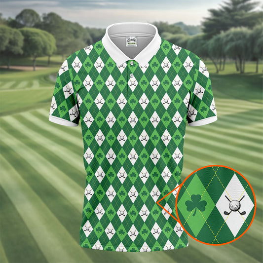 Maxcorners St Patrick's Day Shamrock Argyle Pattern Green And White Argyle Golf Shirt, Polo Shirts For Men, Golf Shirts For Men