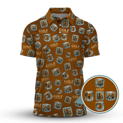 Maxcorners Funny Golf And Bourbon Polos, Brown Golf Shirt with Whiskey Ice Cube For Men, Pattern Crazy Golf Shirts For Golfers