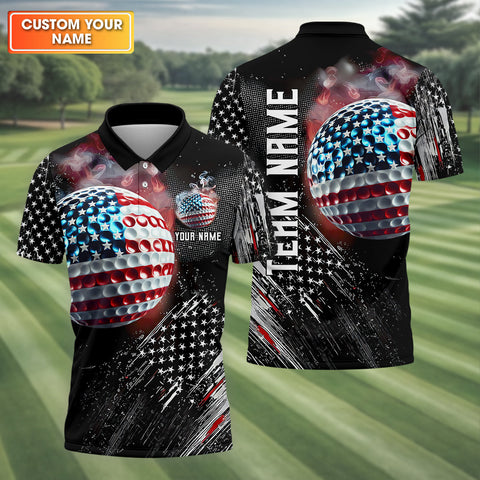 Maxcorners American Flag Golf Ball Funny Golf Polo Shirt, Father's Day Gifts