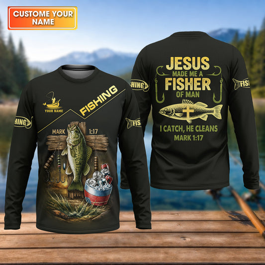 Maxcorners Jesus Made Me A Fisher Of Man Fishing UPF Shirts, Jesus Fishing Shirt, Funny Fishing Shirt