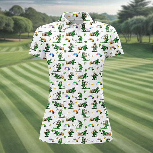 Maxcorners St Patrick's Day Leprechaun Character Golf And Beer White Golf Shirt, Fun Women's Golf Shirts, Ladies Golf Polos