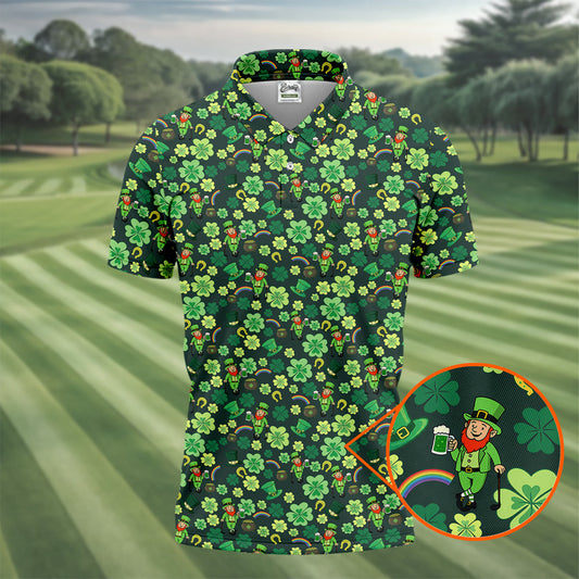 Maxcorners Shamrock St Patrick's Day Dark Green Golf Shirt, Polo Shirts For Men, Golf Shirts For Men, Golfing Apparel