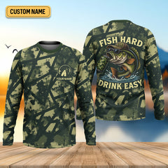 Maxcorners Fish Hard Drink Easy Green Camo Funny Fishing Shirt, SPF Shirt For Men, Largemouth Bass Fishing Shirts For Men