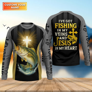 Maxcorners I’ve Got Fishing In My Veins And Jesus In My Heart, Bass Fishing Shirts, SPF Long Sleeve Shirts, Fishing Shirts For Men