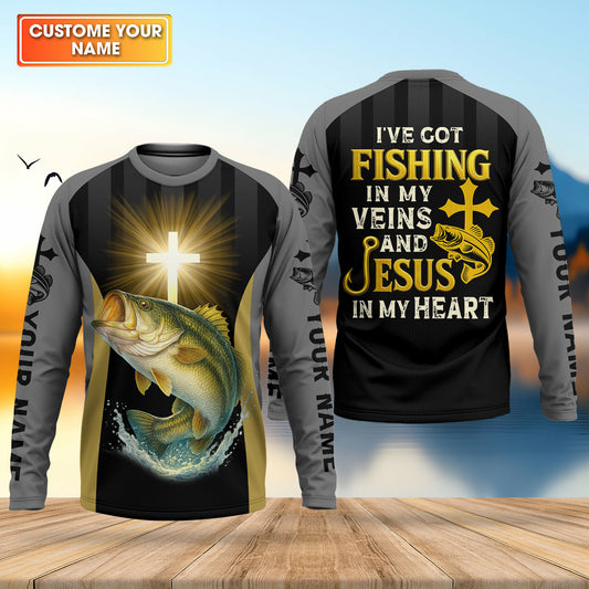 Maxcorners I’ve Got Fishing In My Veins And Jesus In My Heart, Bass Fishing Shirts, SPF Long Sleeve Shirts, Fishing Shirts For Men