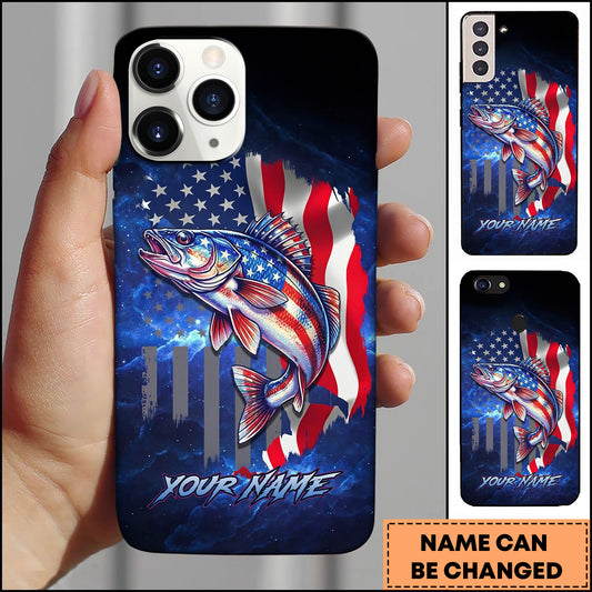 Maxcorners Walleye Patriotic American Flag Galaxy Blue Art Personalized Name Phone Case