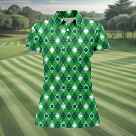 Maxcorners Green And White Lucky Four Leaf Clover Argyle Pattern St Patrick's Day Golf Shirt, Women's Golf Tops