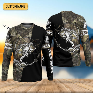 Maxcorners Camo Black Fishing UPF Shirts, Camouflage Fishing Shirts, Fishing Gifts For Men, Men's Fishing Shirt