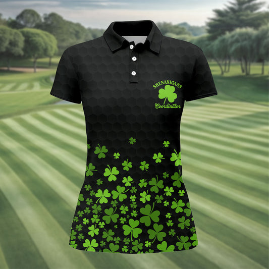 Maxcorners Shenanigans Coordinator Golf Ball Pattern St Patrick Day Black Golf Shirt, Women's Golf Tops, Ladies Golf Polos