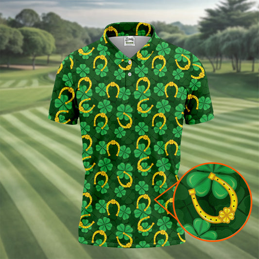 Maxcorners Four Leaf Clovers Golden Horseshoes St Patrick's Day Golf Shirt, Polo Shirts For Men, Golf Shirts For Men