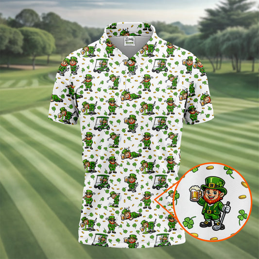 Maxcorners Funny Leprechaun Golf And Beer Shamrocks St Patrick's Day Golf Shirt, Golf Tops For Men, Polo For Men