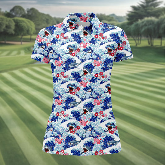Maxcorners Japanese Shark Wave Sakura Golf Shirt, Women's Golf Tops, Golf Shirts For Women, Women’s Golf Apparel LM1507